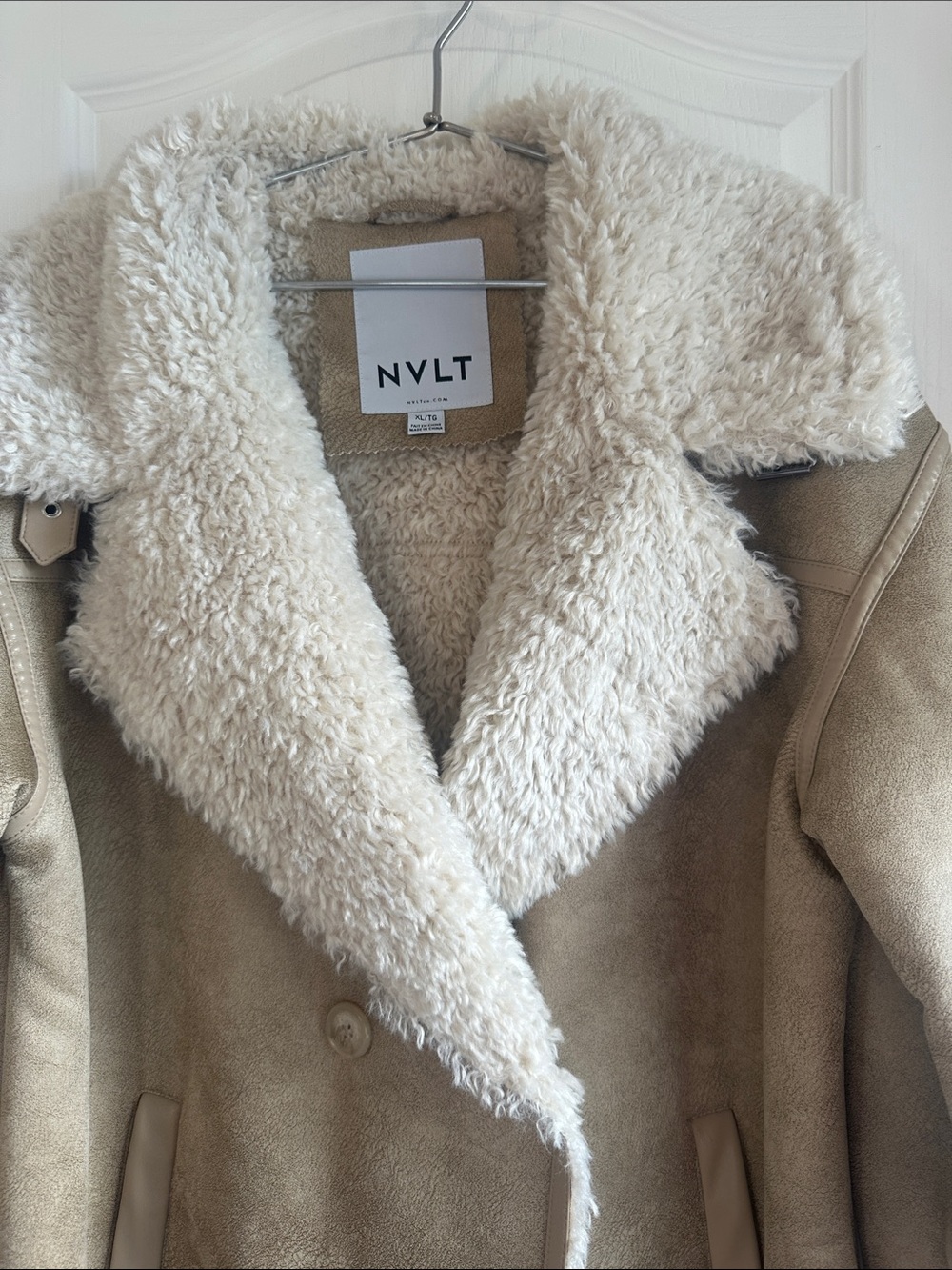 NVLT Cream Faux Shearling Trim Suede-Effect Jacket